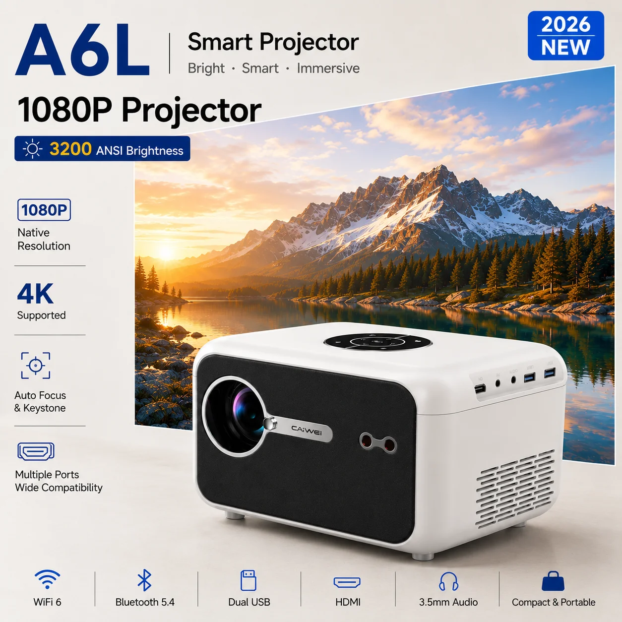 Smart Home Youtube - A6L 3200ANSI 4K Destekli Akıllı Projektör,